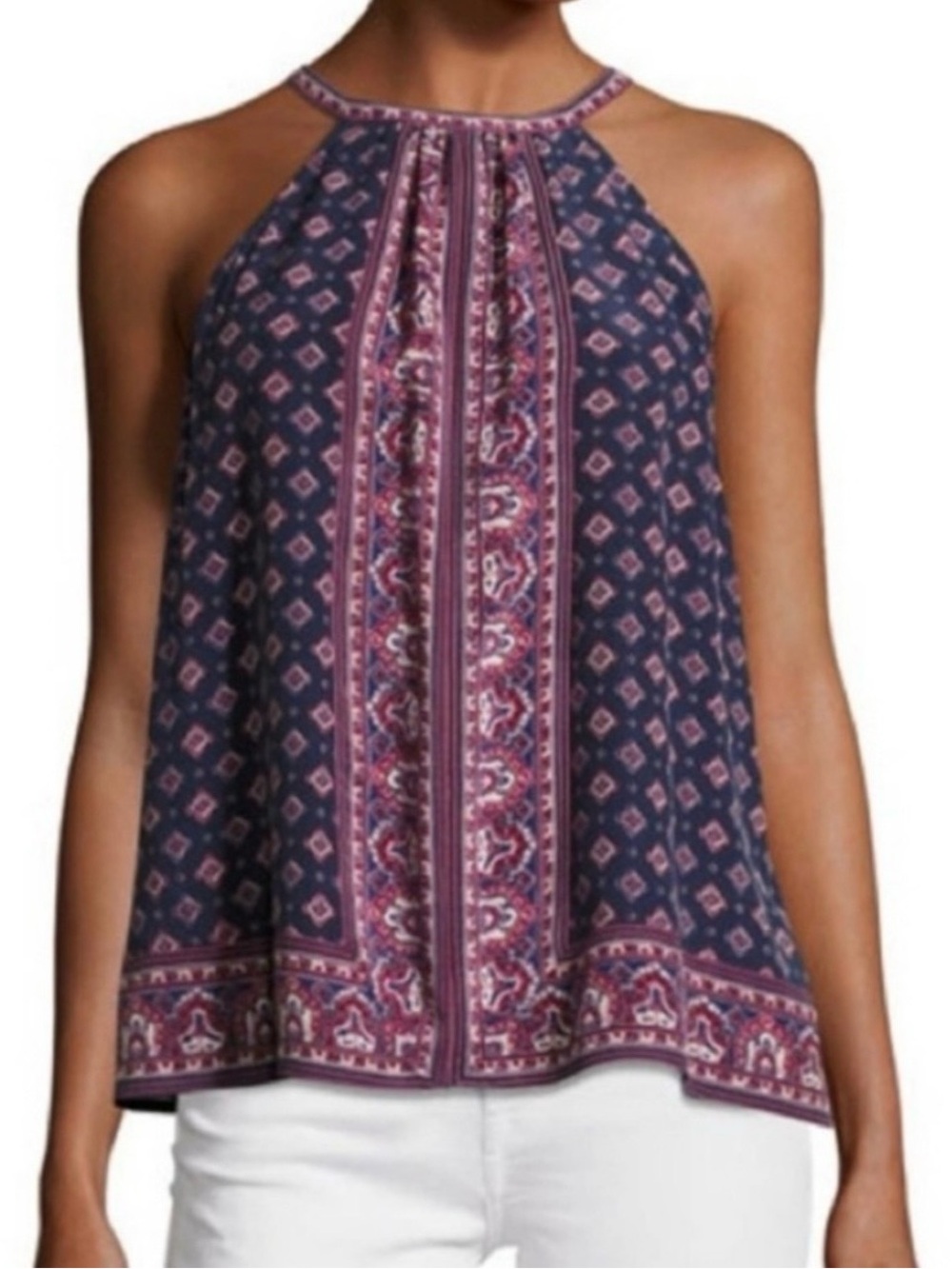 Joie Bradie Printed 100% Silk Halter Top Blouse Navy Burgundy Size L